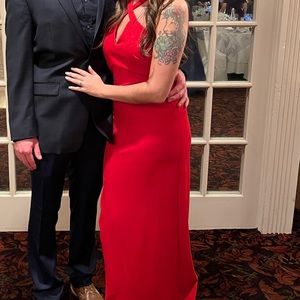 Red Calvin Klein keyhole halter floor length dress